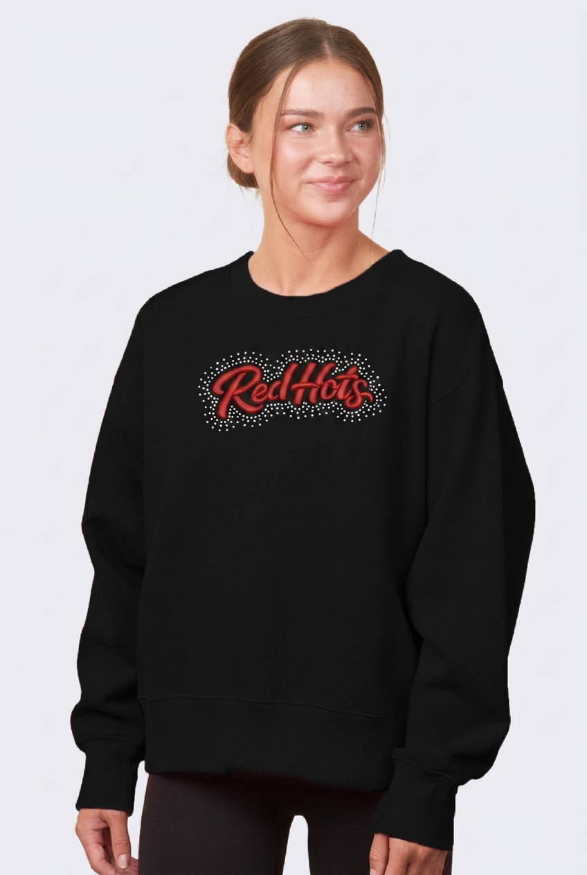 Red Hots D4 | Ladies Boxy Crewneck Fleece w/Embroidery & Rhinestones
